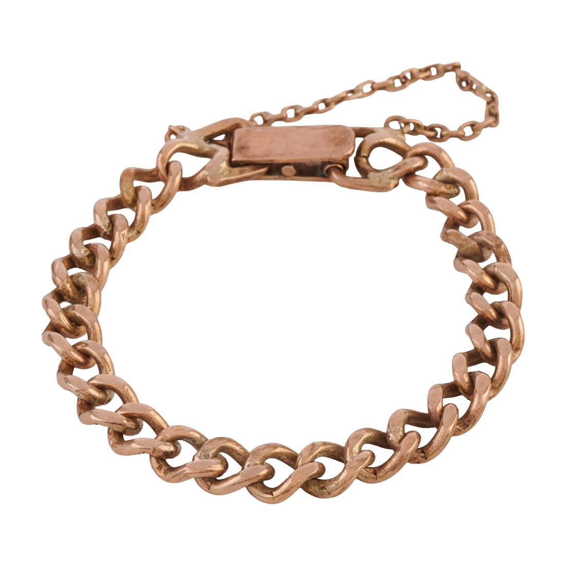 9k Yellow Gold Bracelet: 9k Yellow Gold Bracelet. The 9k yellow gold flat curb link measuring approximately 8 mm in width, completed by a folder over clasp with safety chain, forming an 8 inch bracelet. {Gross Weight: 22.4 dw