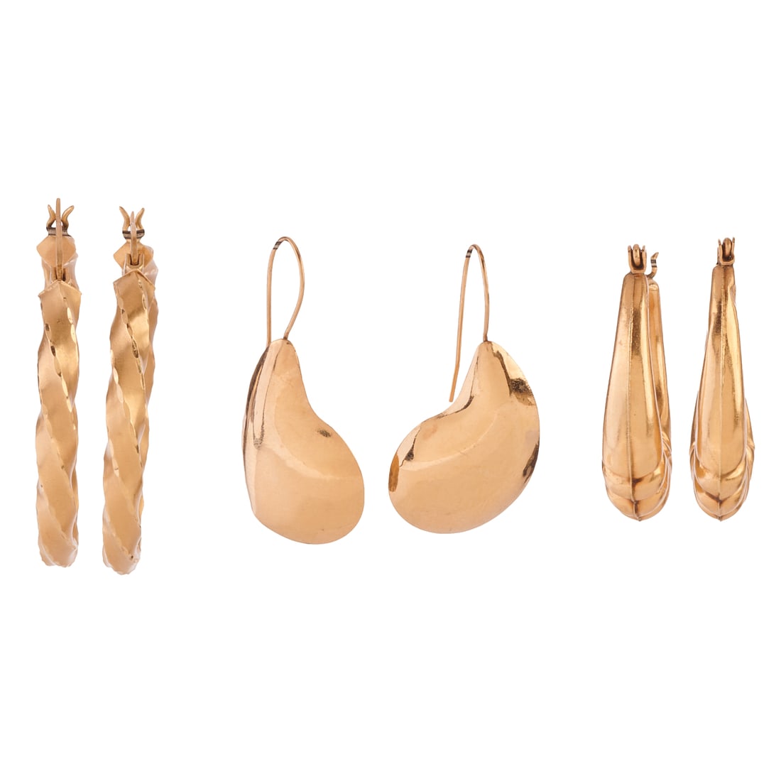 Collection of Three Pairs of 14k Yellow Gold Earrings: Collection of Three Pairs of 14k Yellow Gold Earrings. Including one pair of 14k yellow gold curved drop shaped earrings measuring approximately 31 x 14 mm; one pair of 14k yellow gold twisted hoop