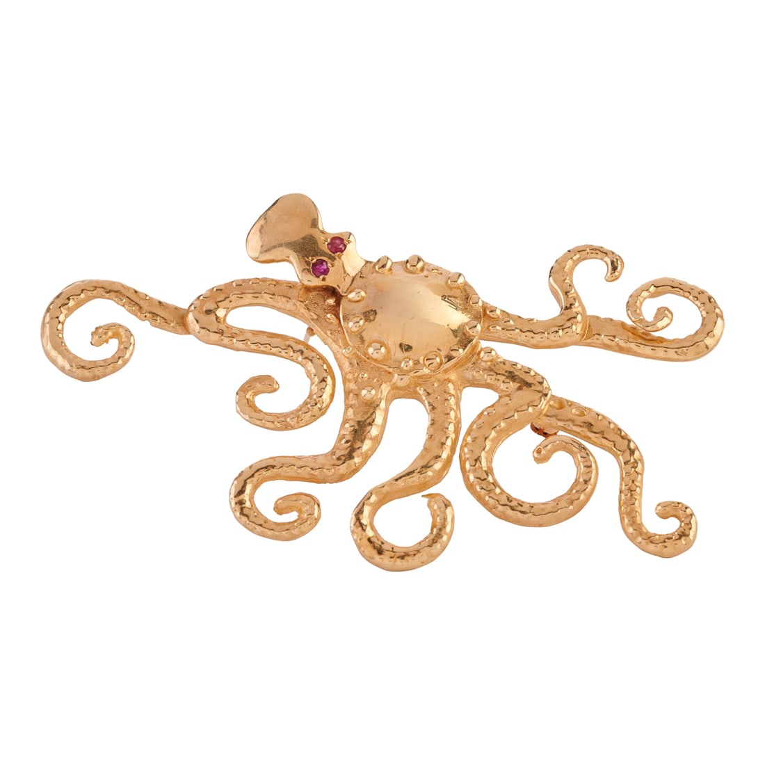 Gump's Mia Fonssagrives-Solow Ruby, 14k Yellow Gold Octopus Brooch: Gump's Mia Fonssagrives-Solow Ruby, 14k Yellow Gold Octopus Brooch. Designed as an octopus, the eyes comprised of two round-cut rubies, set in a 14k yellow gold textured mounting measuring