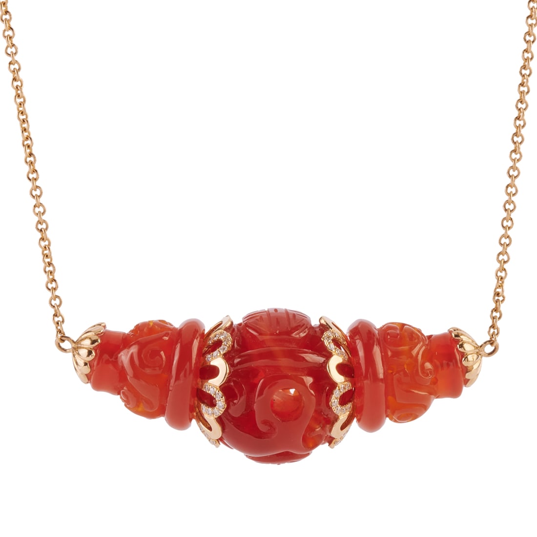 Carnelian, Diamond, 14k Yellow Gold Necklace: Carnelian, Diamond, 14k Yellow Gold Necklace. Featuring three carved carnelian beads, accented by eighty-four round-cut diamonds weighing a total of approximately 0.20 cttw., set in a 14k yellow gold