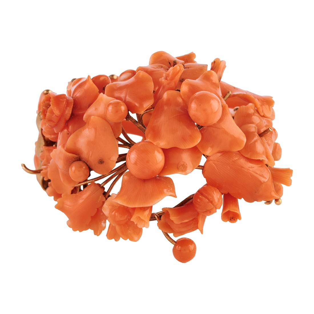 *Victorian Coral, 14k Yellow Gold Bracelet: *Victorian Coral, 14k Yellow Gold Bracelet. Featuring carved coral flowers and leaves bundle together and set in a 14k yellow gold mounting, extended from carved coral brick links, completed by a