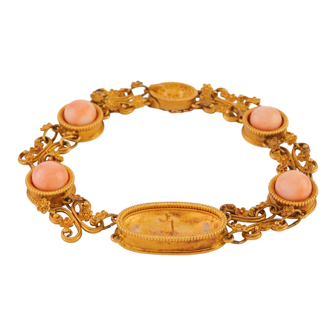 *Victorian Coral, 18k Yellow Gold Bracelet: *Victorian Coral, 18k Yellow Gold Bracelet. Centering an elongated oval shaped link measuring approximately 24 x 12 mm, accented by four round shaped coral cabochons, set in an 18k yellow gold