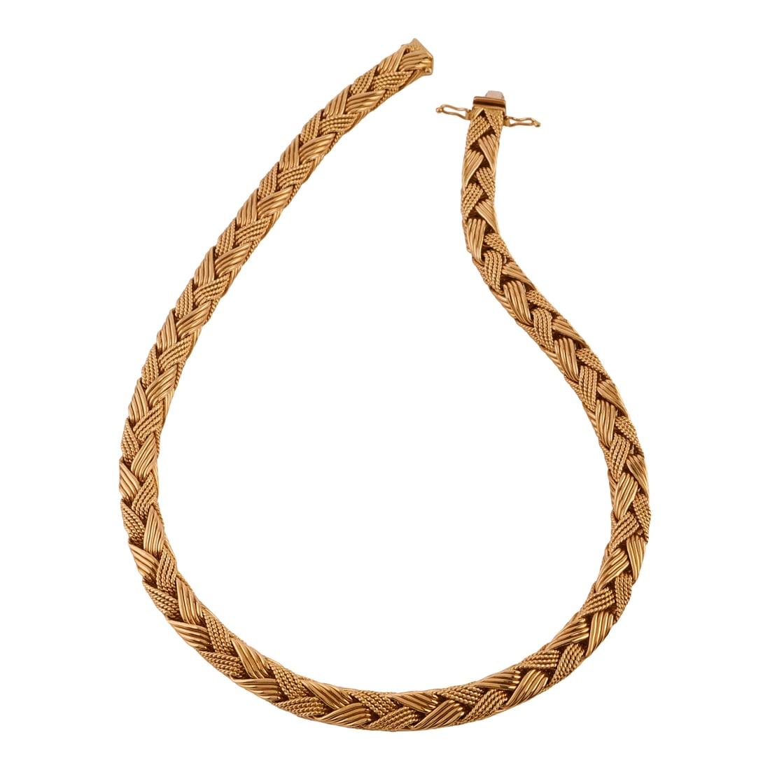 Gump's 18k Yellow Gold Necklace: Gump's 18k Yellow Gold Necklace. The 18k yellow gold braided rope link motif and polished link measuring approximately 8 mm in width, completed by a tongue and groove clasp with two figure eight