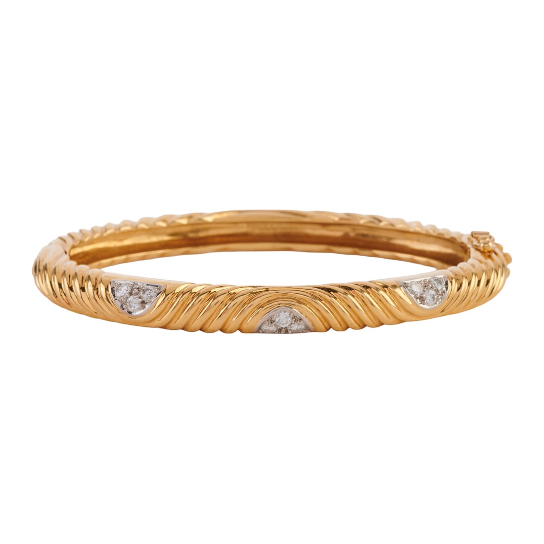 Gump's Diamond, 18k Yellow Gold, Platinum Bracelet: Gump's Diamond, 18k Yellow Gold, Platinum Bracelet. Featuring nine full-cut diamonds weighing a total of approximately 0.35 cttw., set in platinum, further set on an 18k yellow gold curved and