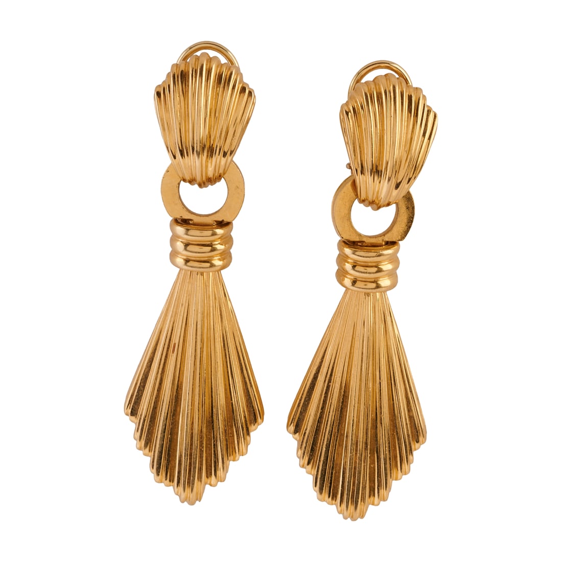 Pair of Gump's 18k Yellow Gold Earrings: Pair of Gump's 18k Yellow Gold Earrings. The 18k yellow gold fluted pair of drop earrings measuring approximately 68 x 22 mm. {Gross Weight: 25.0 dwts}