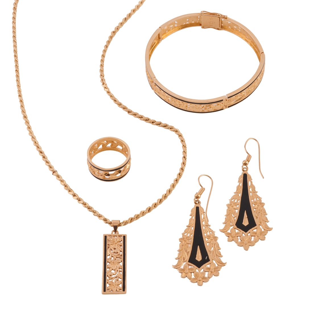 Hawaiian Black Enamel, 14k Yellow Gold Jewelry Suite: Hawaiian Black Enamel, 14k Yellow Gold Jewelry Suite. Including one black enamel, 14k yellow gold floral motif pendant necklace measuring approximately 18 inches in length; one matching hinged 7 inch
