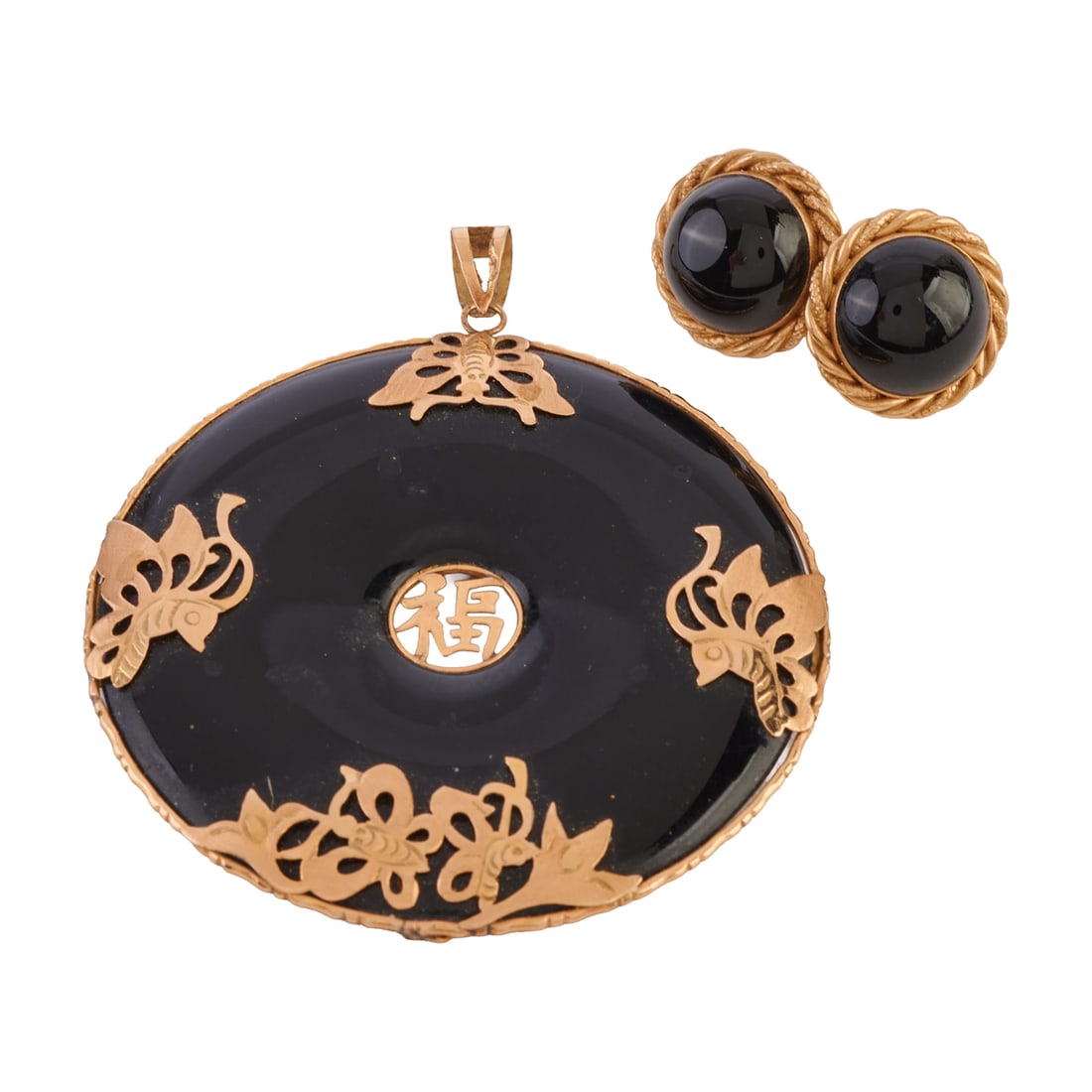 Black Onyx, 14k Yellow Gold Jewelry Suite: Black Onyx, 14k Yellow Gold Jewelry Suite. Including one black onyx bi disc, 14k yellow gold pendant measuring approximately 53 mm together with a pair of black onyx cabochon, 14k yellow gold