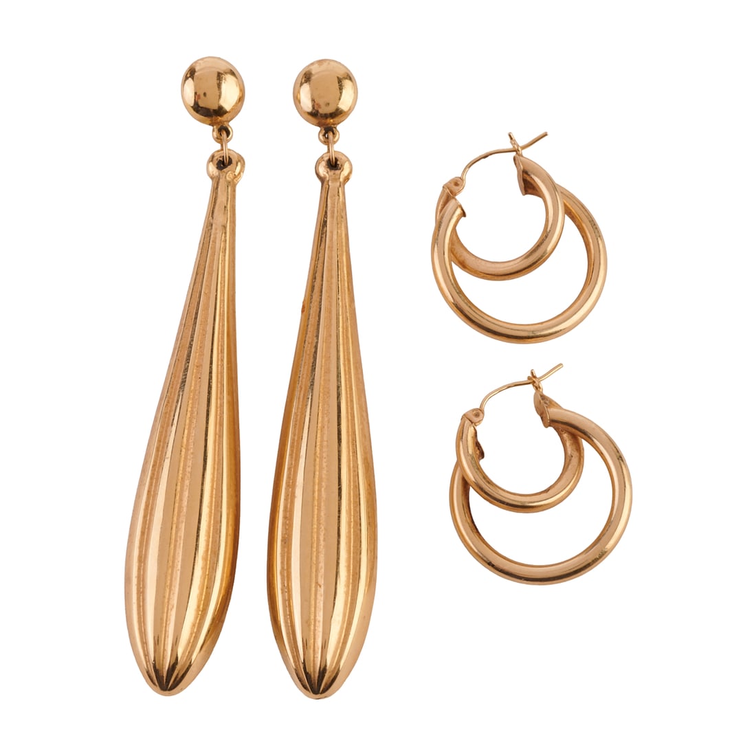 Two Pairs of 14k Yellow Gold Earrings: Two Pairs of 14k Yellow Gold Earrings. Including one pair of 14k yellow gold fluted drop earrings measuring approximately 92 mm in length together with a pair of 14k yellow gold double hoop earrings
