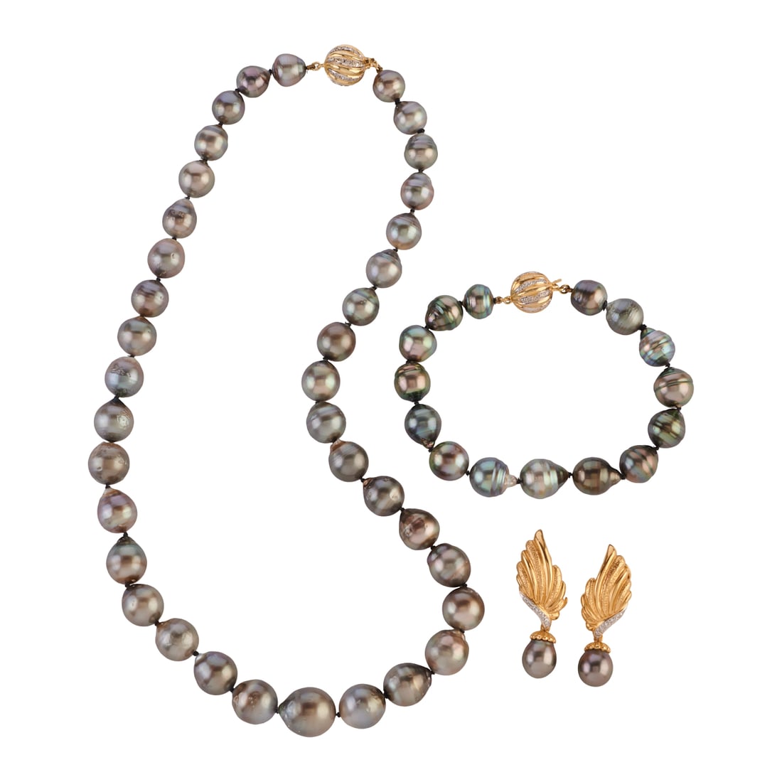 Tahitian Cultured Pearl, Diamond, 14k Yellow Gold Jewelry Suite: Tahitian Cultured Pearl, Diamond, 14k Yellow Gold Jewelry Suite. Including one Tahitian cultured pearl ranging in size from approximately 13.4 mm to 9.5 mm, diamond, 14k yellow gold 19 inch necklace;