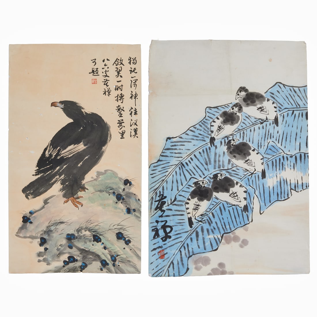 Attributed to Li Kuchan (1899–1983): Two Ink and Color Paintings: Attributed to Li Kuchan (1899 - 1983): Two Ink and Color Paintings. Ink and color on paper, inscribed and signed with seals{Approximate dimensions: largest 26 5/8 x 18 1/2 inches}