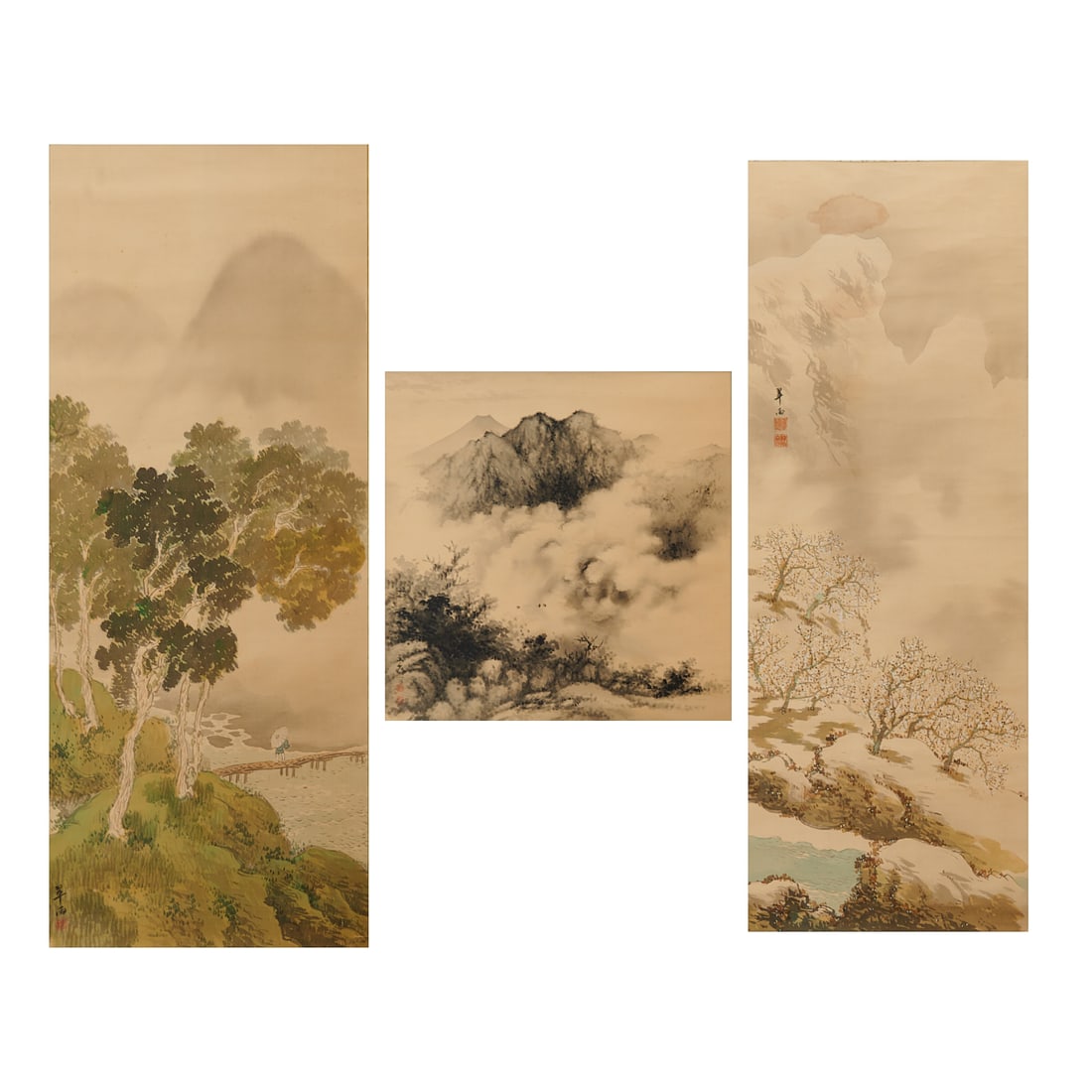 Three Japanese Kakejiku Hanging Scrolls Depicting Landscapes (1 of 10)