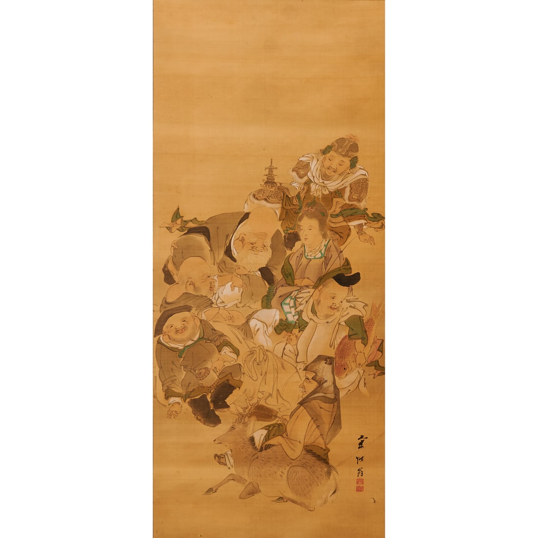 Japanese Kakejiku Hanging Scroll Depicting the Seven Lucky Gods, Shichifukujin: Japanese Kakejiku Hanging Scroll Depicting the Seven Lucky Gods, Shichifukujin. Ink and color on silk hanging scroll depicting the Shichifukujin,Seven Lucky Godsgathered together in a lively