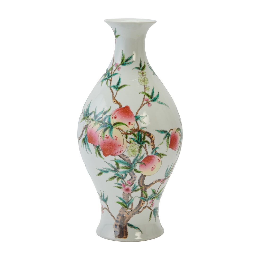 Chinese Famille Rose Porcelain 'Bat with Peaches' Vase: Chinese Famille Rose Porcelain 'Bat with Peaches' Vase. The vase of baluster form with a slightly flared mouth and tapering foot, decorated in famille rose enamels on a white glazed ground. On