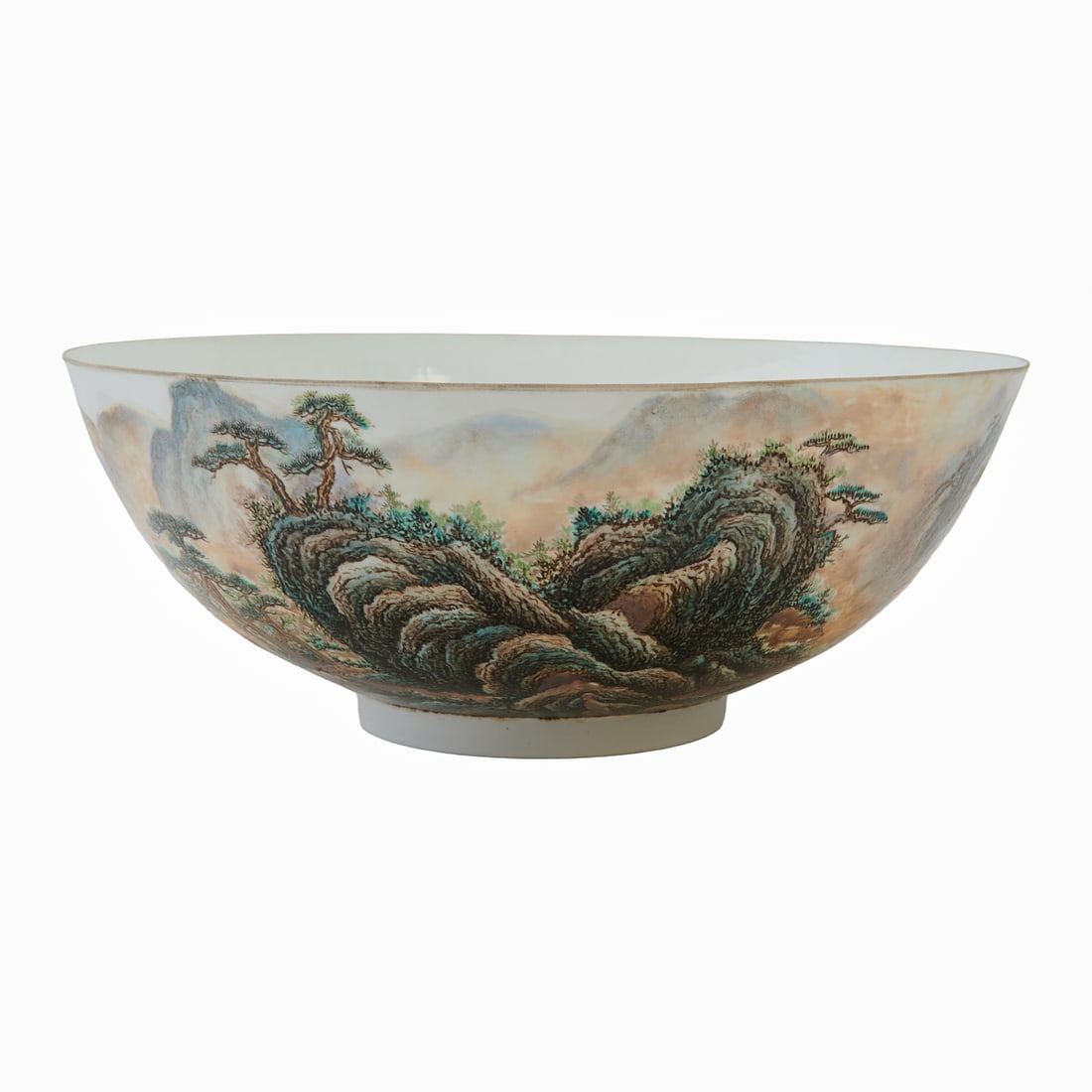 Large Chinese Eggshell Porcelain Landscape Bowl with Box: Large Chinese Eggshell Porcelain Landscape Bowl with Box. The thinly potted eggshell porcelain bowl with wide flaring sides rising from a short foot. The exterior finely decorated with a continuous ha