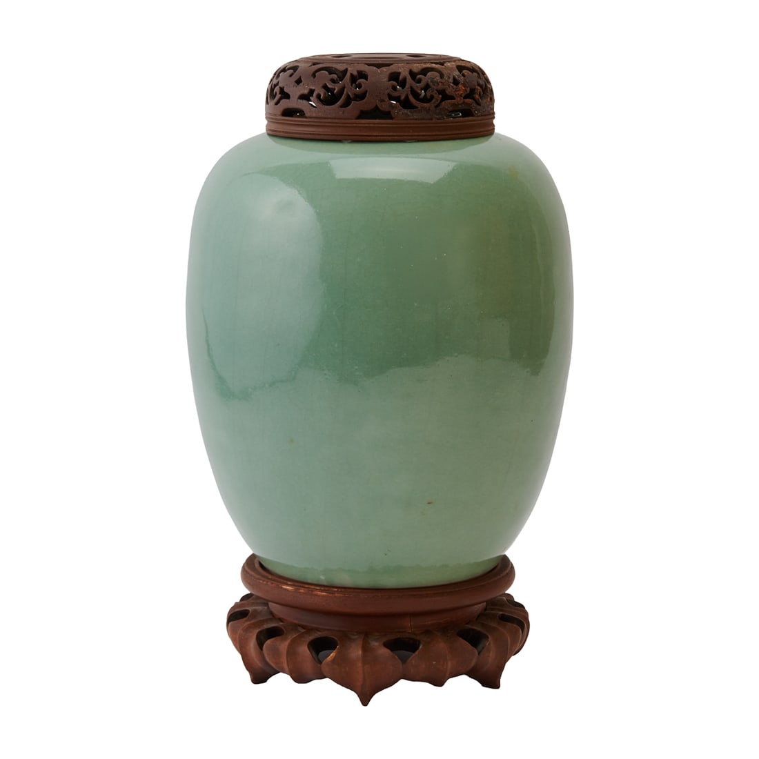 Chinese Celadon Crackle-Glazed Jar with Carved Wood Cover and Stand (1 of 3)