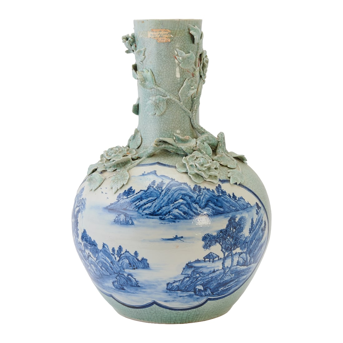 Large Chinese Blue and White and Celadon Crackle-Glazed Vase: Large Chinese Blue and White and Celadon Crackle-Glazed Vase. Baluster-form vase with rounded body and tall cylindrical neck, the lower body painted in underglaze blue with a continuous landscape scen