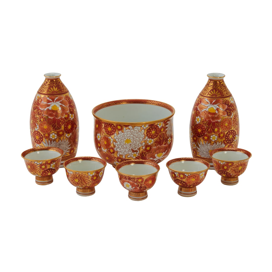 Japanese Kutani Porcelain Sake Service in Wood Box (1 of 8)