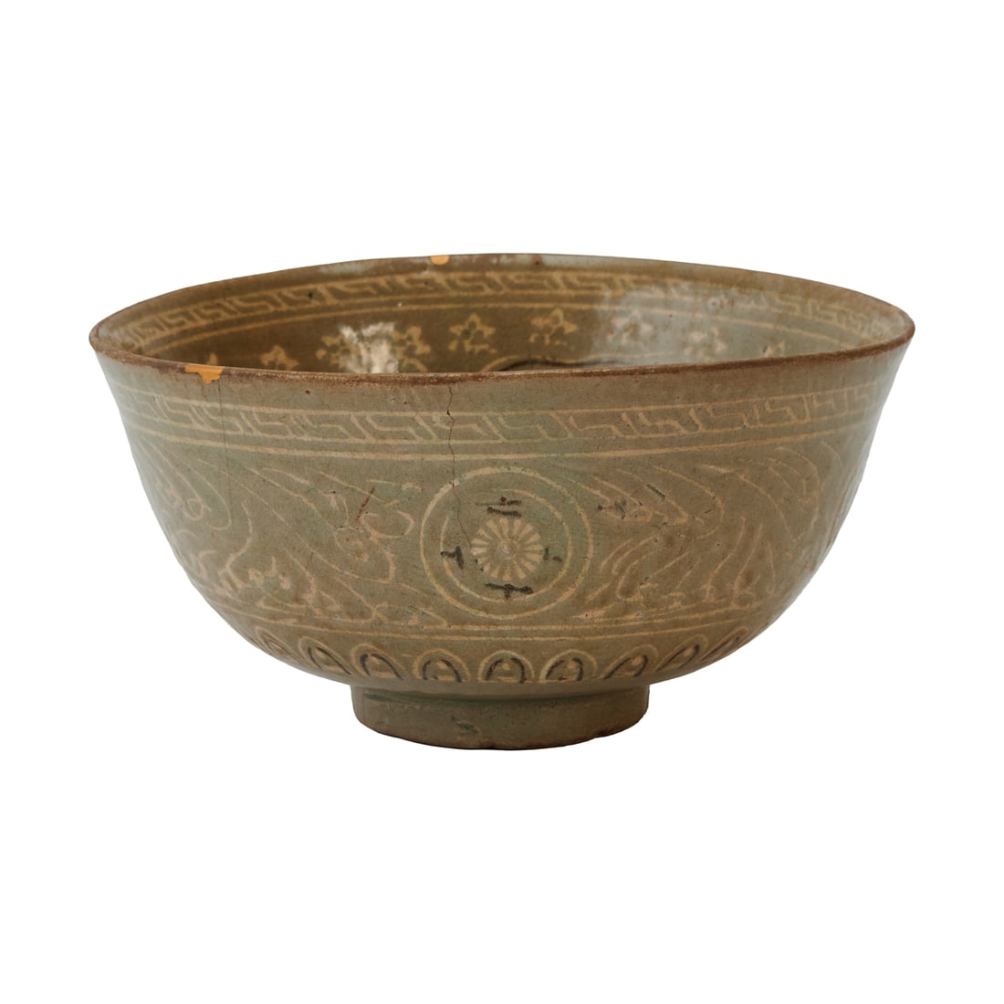 Korean Joseon Inlaid Celadon Buncheong Bowl: Korean Joseon Inlaid Celadon Buncheong Bowl. Stoneware bowl with shallow rounded sides and short foot, decorated with inlaid motifs beneath a celadon glaze. The exterior with medallions and