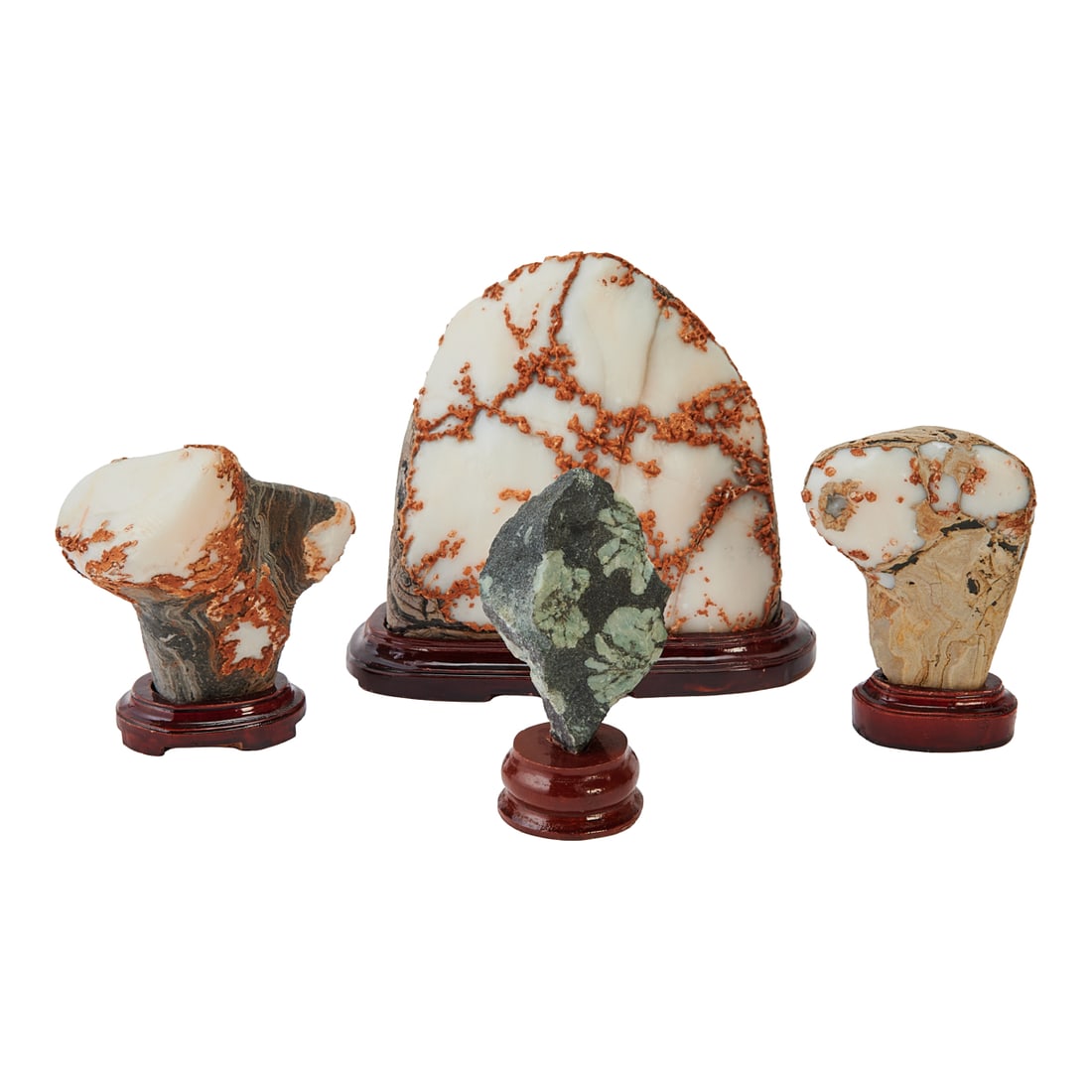 Collection of Chinese Scholar's Stone: Collection of Four Chinese Scholars Stones on Wooden Bases. The group consists of four natural stones of varied form and coloration, each mounted on a fitted wooden stand{Approximate dimensions: