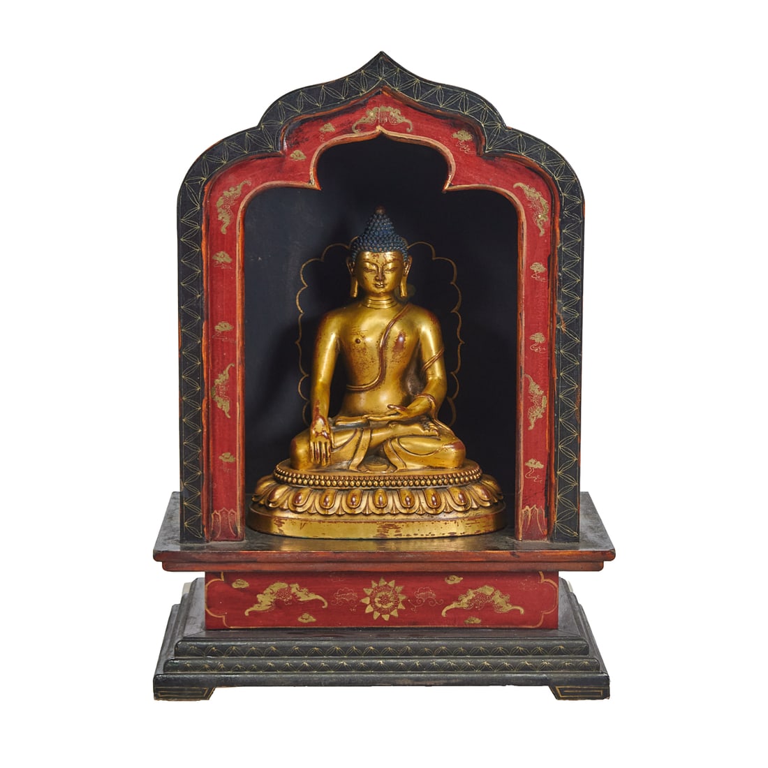 Chinese Gilt Bronze Seated Buddha Figure in Painted Wooden Shrine: Chinese Gilt Bronze Seated Buddha Figure in Painted Wooden Shrine. Seated in meditation on a lotus base, the right hand lowered in bhumisparsha mudra and the left resting in the lap. The figure