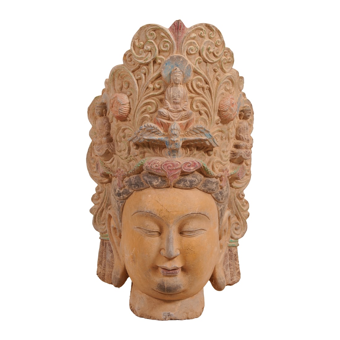 Chinese Carved and Polychrome Painted Stone Buddhist Head (1 of 4)