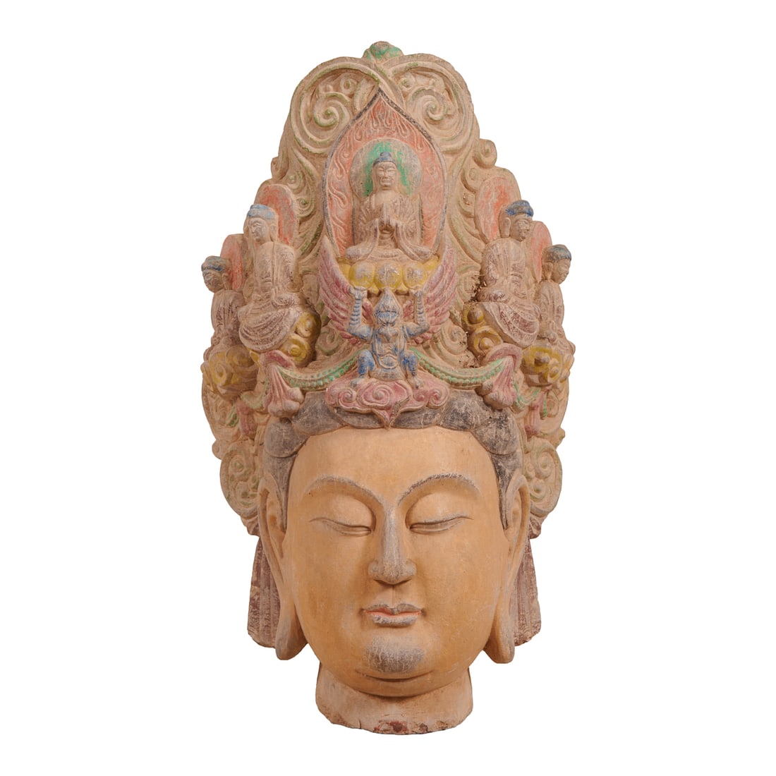 Chinese Carved and Polychrome Painted Stone Buddhist Head with Crowned Figures (1 of 4)