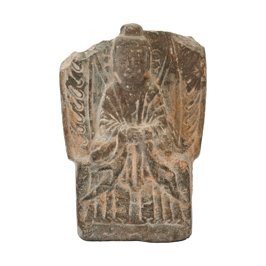 Chinese Carved Stone Buddhist Plaque: Chinese Carved Stone Buddhist Plaque. Rectangular stone plaque carved in relief depicting a seated Buddhist figure shown frontally with hands held at the center of the body, framed by stylized