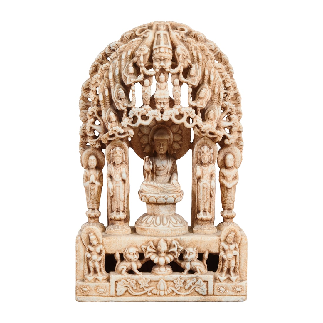 Chinese Carved Stone Buddhist Shrine with Buddha and Attendant Figures: Chinese Carved Stone Buddhist Shrine with Seated Buddha and Attendant Figures. Carved stone Buddhist shrine depicting a centrally seated Buddha figure positioned on a lotus pedestal, with the right