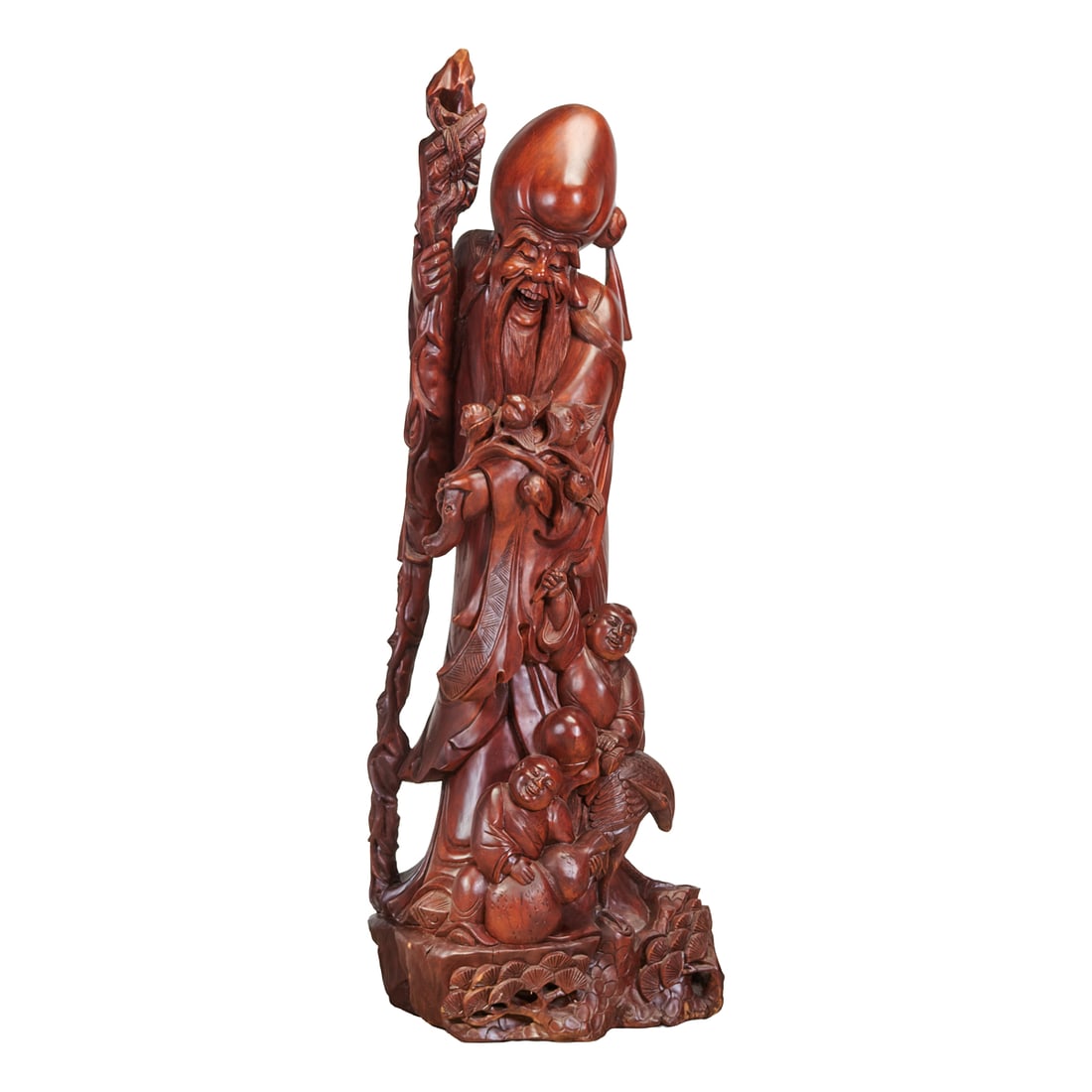 Monumental Chinese Carved Wood Figure of Shoulao with Attendants: Monumental Chinese Carved Wood Figure of Shoulao with Attendants.Finely carved as the Daoist deity Shoulao, the God of Longevity, depicted standing and holding a staff with a gnarled branch, his high