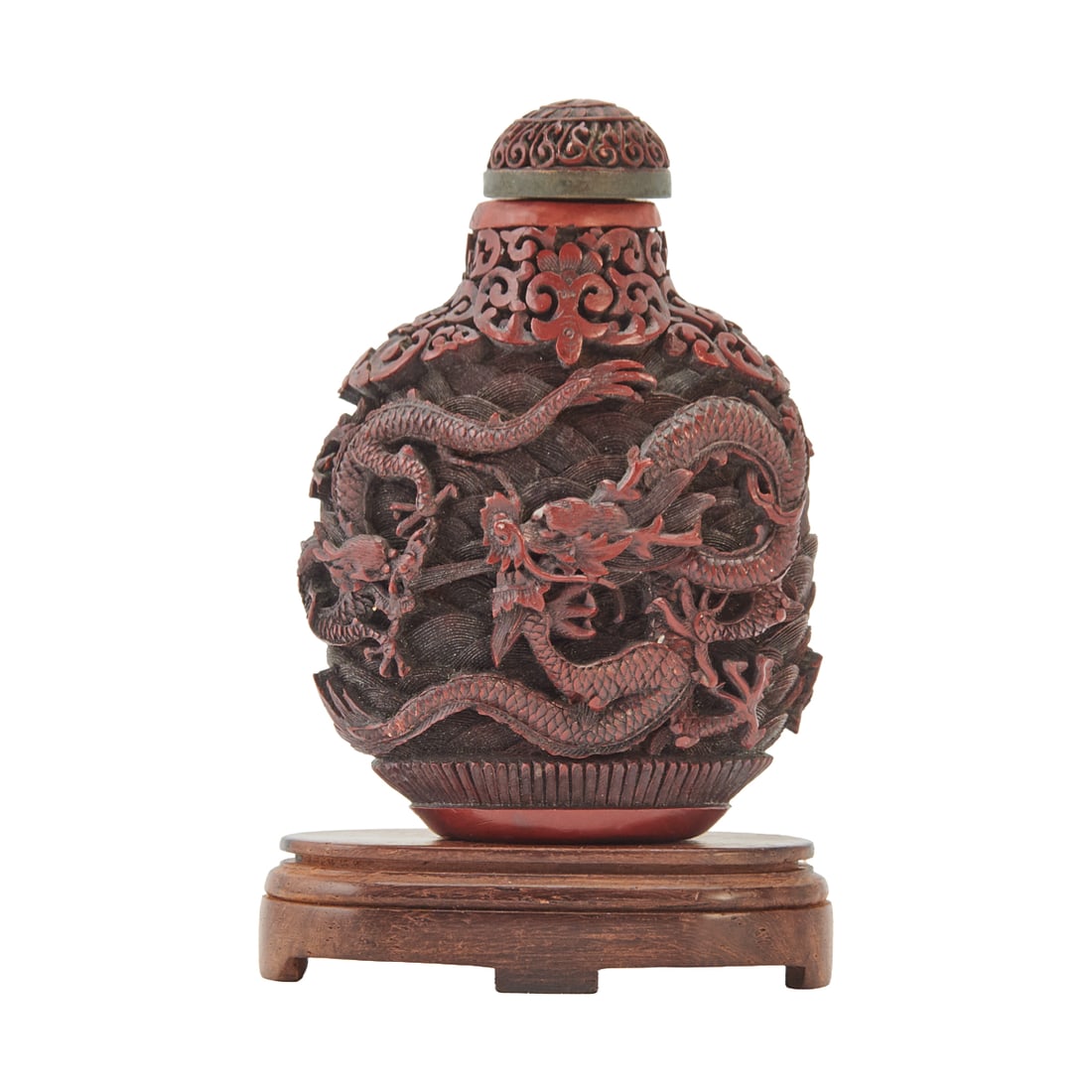 Large Chinese Carved Cinnabar Lacquer Dragon Snuff Bottle with Stand (1 of 4)