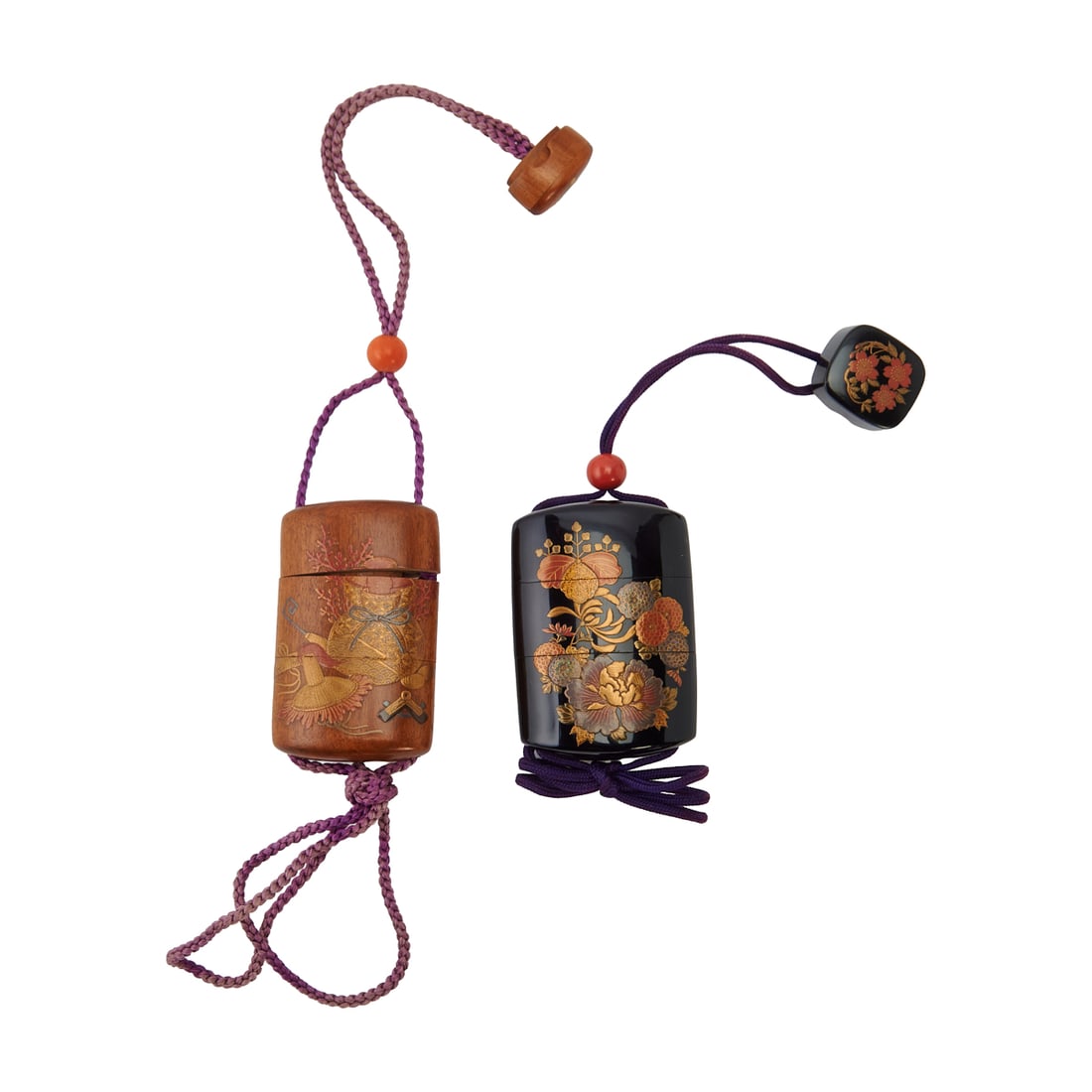 Two Japanese Lacquered Inro with Boxes: Two Japanese Lacquered Inro with Boxes.Each of oval form and decorated in relief and inlaid techniques. One inrowith black lacquer ground decorated with maple leaves and floral motifs in red and gold;