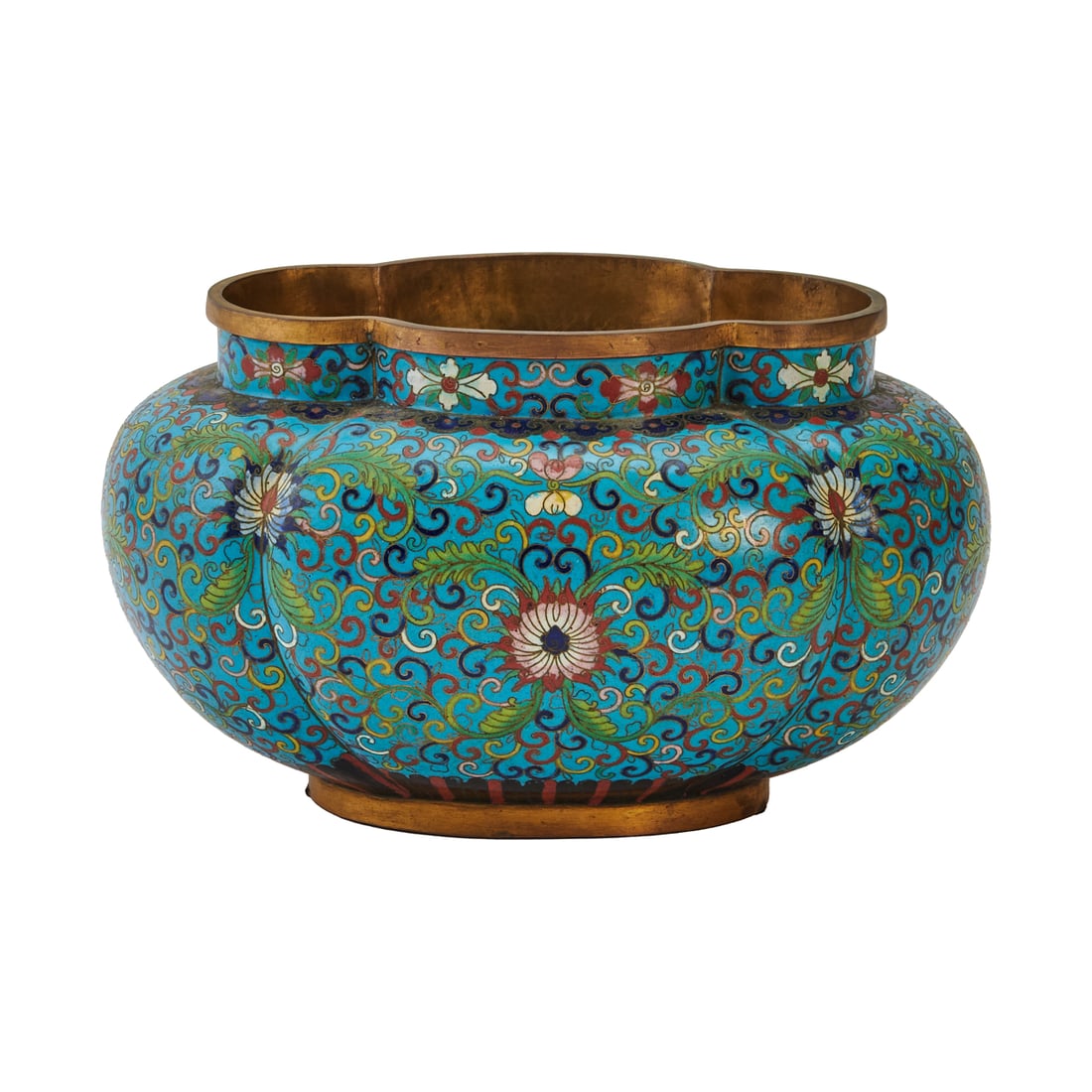 A Chinese Cloisonne Enamel Quatrefoil Lotus Planter: A Chinese Cloisonne Enamel Quatrefoil Lotus Planter.Of compressed globular form with a quatrefoil rim and short foot. The exterior decorated with dense scrolling lotus and foliate motifs in