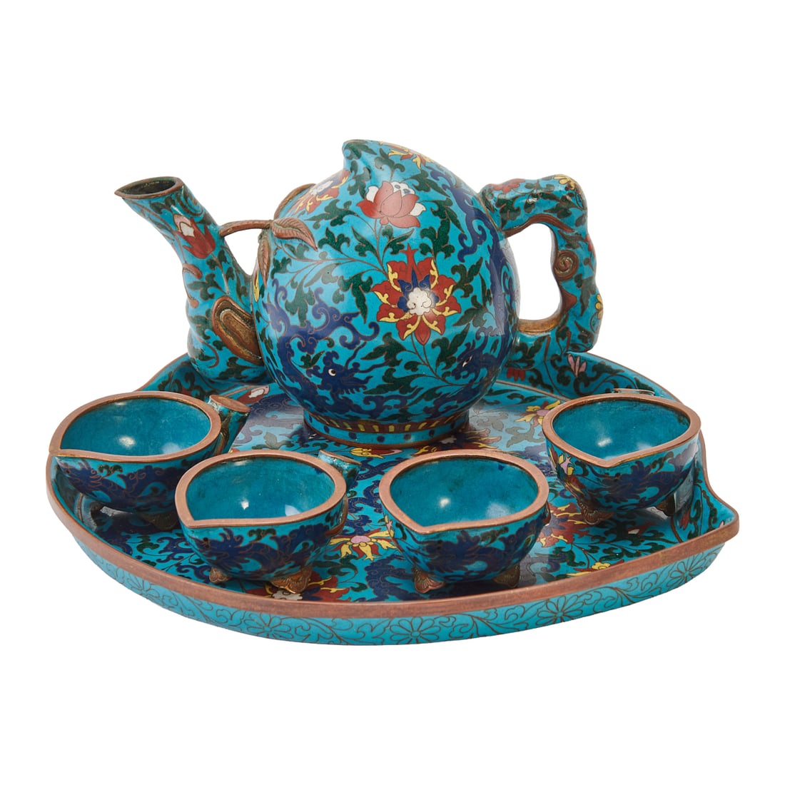 Set of Chinese Cloisonne Peach Form Tea Set with Tray: Set of Chinese Cloisonne Peach Form Tea Set with Tray.Comprising a teapot, four cups, and a shaped tray. The teapot with rounded body, short spout, and loop handle, decorated with scrolling floral