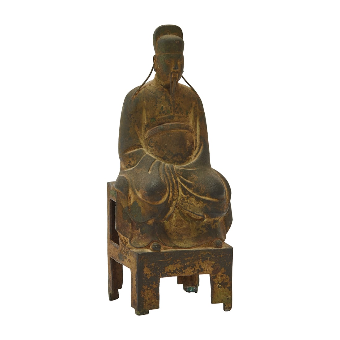 Chinese Cast Metal Figure of Wenchang: Chinese Cast Metal Figure of Wenchang.Cast as the Daoist deity Wenchang seated in formal posture upon a square chair, the figure depicted wearing official robes and a scholars hat with trailing