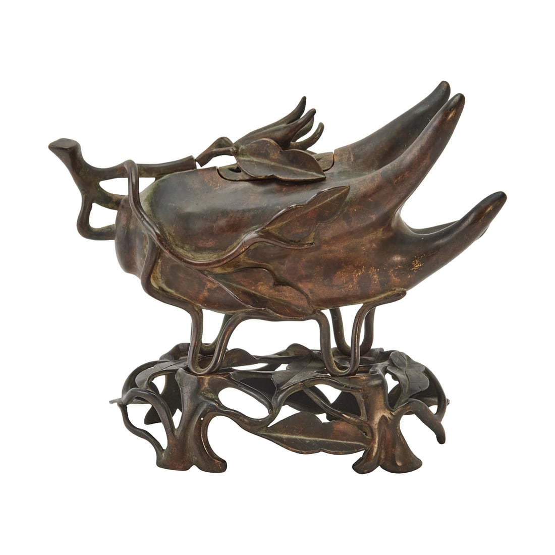 Chinese Bronze Buddha’s Hand Citron Incense Burner with Stand: Chinese Bronze Buddhas Hand Citron Incense Burner with Stand.Cast in the form of a Buddhas hand citron fruit, the lobed body forming the covered vessel with hinged lid. The surface decorated with