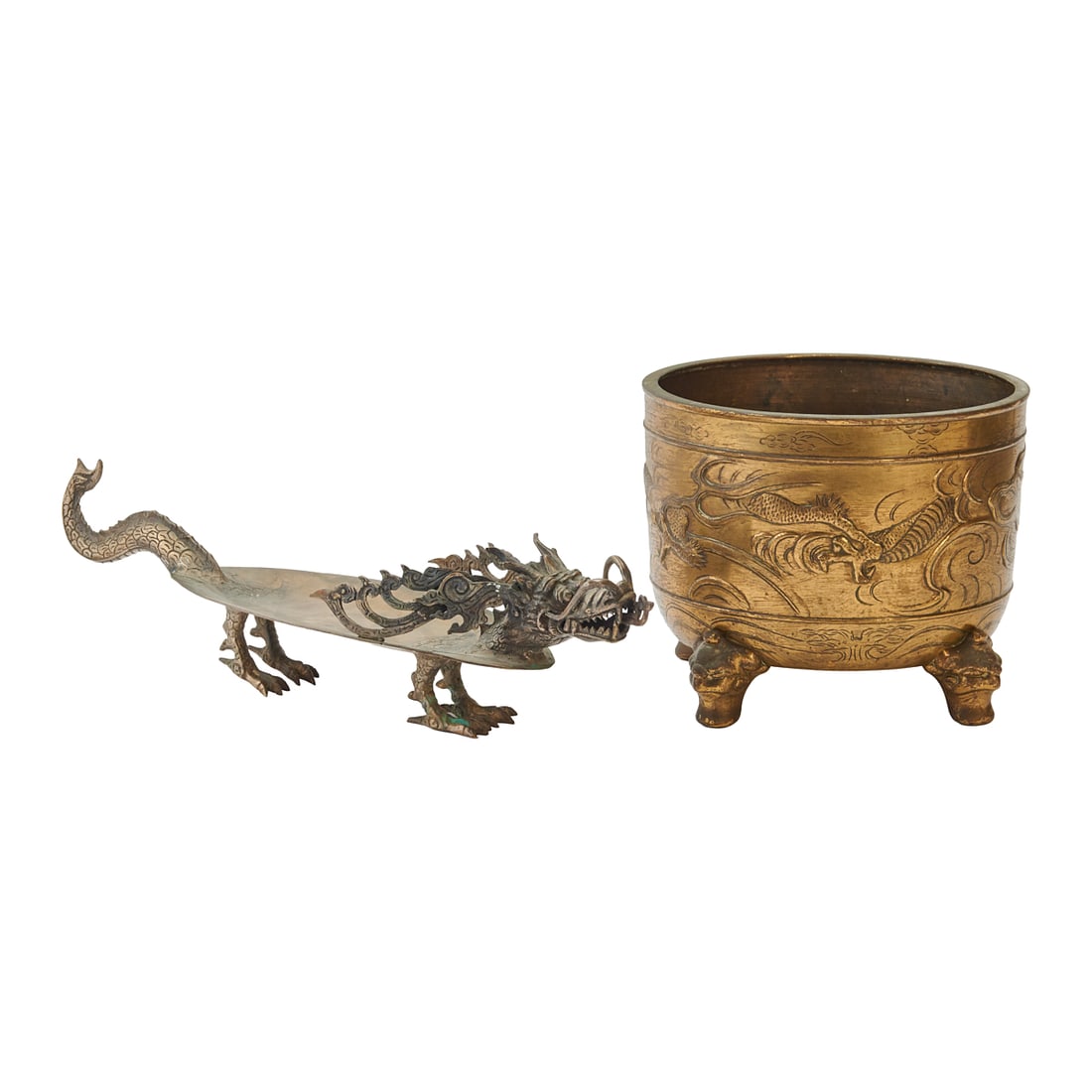 Two Japanese Mixed Metal Dragon Plate and Jardiniere: Two Japanese Mixed Metal Dragon Plate and Jardiniere.Comprising a mixed metal dragon-form plate and a bronze jardiniere. The elongated plate cast as a dragon with detailed head, scales, and four