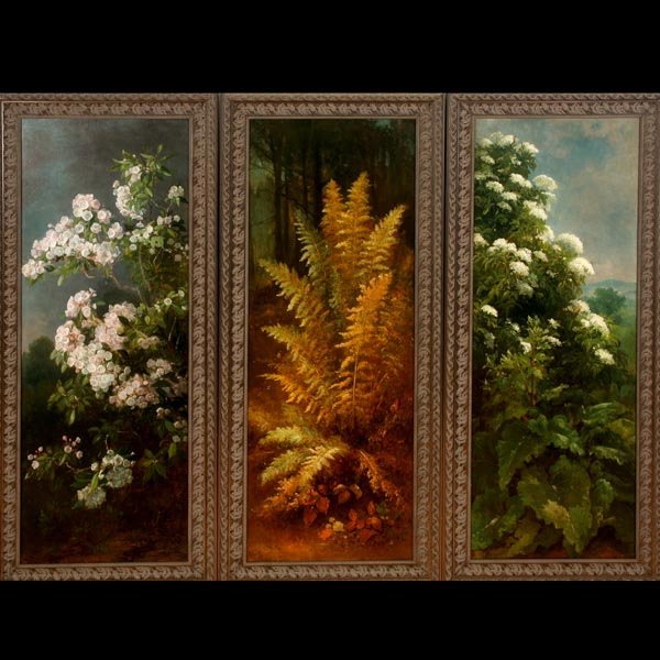 BENJAMIN CHAMPNEY "Laurel, Fern, Elderberry: BENJAMIN CHAMPNEY (American 1817-1907) Three works: Laurel, Fern & Elderberry Oil on panel 48 x 18 inches/ 122 x 45.7 centimeters Fern, Verso: Signed "B. Champney, No. Canaan N. H." Frame: 53.75 x 23.