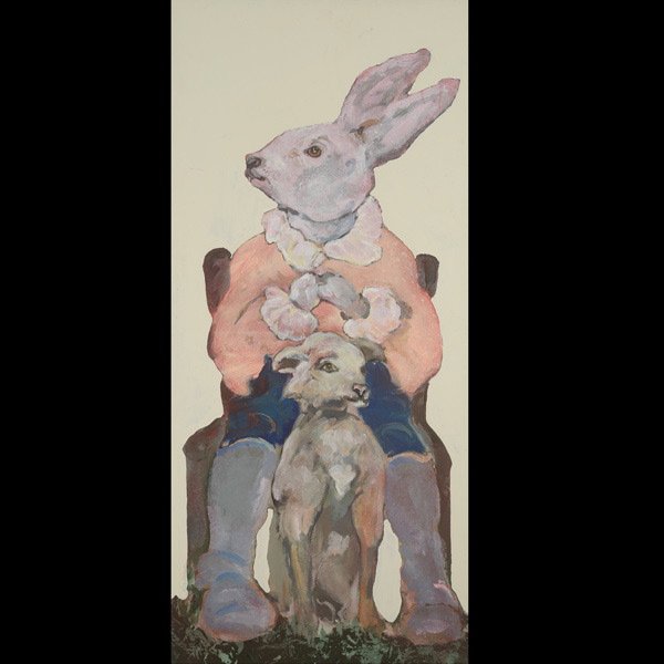 IRA YEAGER "Rabbit & Dog" Oil: IRA YEAGER (American b.1938) Rabbit & Dog Oil on canvas 49.5 x 23 inches/ 125.7 x 58.4 centimeters Signed lower left "Ira Yeager" Frame: 54 x 28 inches/ 137.2 x 71.2 centimeters PROVENANCE: Private Co