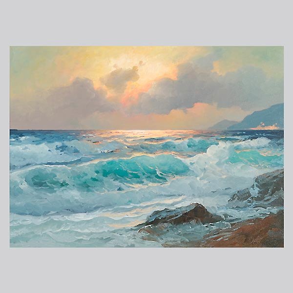 ALEXANDER DZIGURSKI "Summer Sea" Oil: ALEXANDER DZIGURSKI (American 1911-1995) Summer Sea Oil on canvas 22 x 30.25 inches/ 55.8 x 76.7 centimeters Signed lower right "A. Dzigurski" Titled on frame plate "Summer Sea" Verso: Findlay Galleri