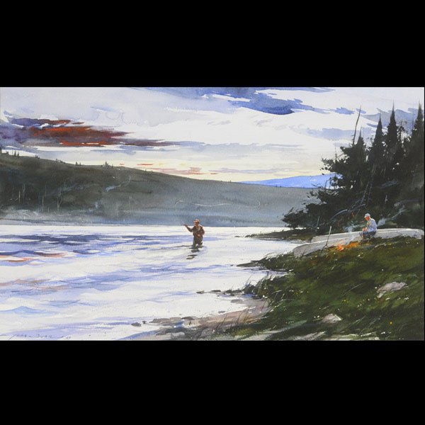 JOHN SWAN Fly Fisher, 1989 Watercolor : JOHN SWAN (American b.1948) Fly Fisher, 1989 Watercolor on paper Sight: 17.5 x 29 inches/ 44.5 x 73.6 centimeters Signed & dated lower left "John Swan, 89" Frame: 26.5 x 37.75 inches/ 67.3 x 96 centim