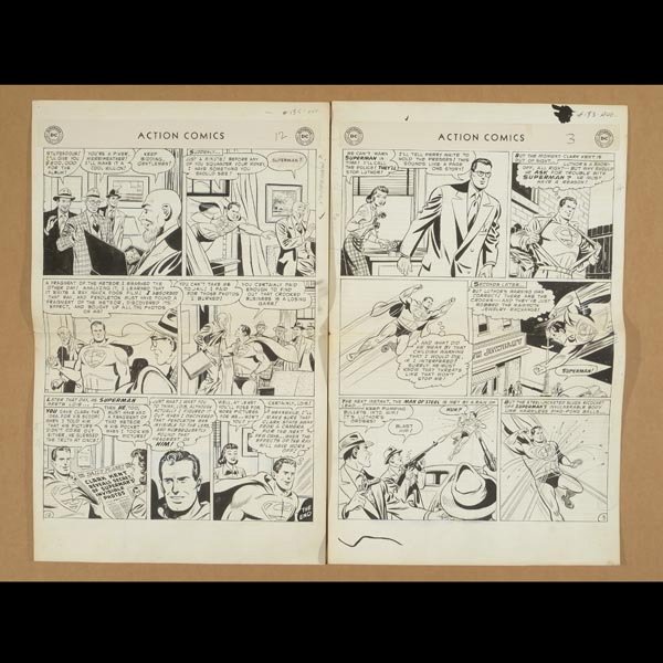 AL PLASTINO Two Superman Drawings for DC Comics.: AL PLASTINO (American b.1921) Two works: The Perfect Plot to Kill Superman, 1953 & Superman's Million Dollar Photos, 1953 Original drawings for DC Comics Sheet: 22.5 x 14.25 inches/ 57.2 x 36.2 centim