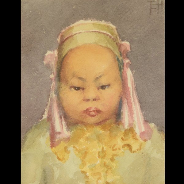 ESTHER HUNT "Young Asian Girl" Watercolor: ESTHER HUNT (American 1875-1951) "Young Asian Girl" Watercolor on paper. Sight: 7 x 5.5 inches/ 17.7 x 14 centimeters. Initialed upper right "EH" Frame: 13.75 x 11.75 inches/ 35 x 29.7 centimeters.