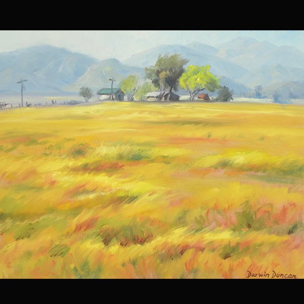 DARWIN DUNCAN "Mountainous Landscape" Oil : DARWIN WILLIAM DUNCAN (American 1905-2002) "Mountainous Landscape" Oil on canvas. 16 x 20 inches/ 40.6 x 50.8 centimeters. Signed lower right "Darwin Duncan" Frame: 24.5 x 28.5 inches/ 62.2 x 72.4 cen