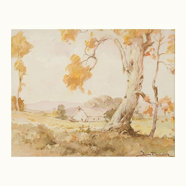 DAVIS SCHWARTZ "Country Landscape" : DAVIS FRANCIS SCHWARTZ (American 1879-1969) "Country Landscape" Watercolor on paper. Sight: 11.75 x 14.5 inches/ 30 x 36.8 centimeters. Signed lower right "Davis F. Schwartz" Frame: 22 x 26.25 inches/