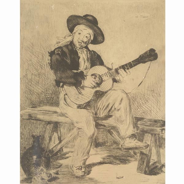 EDOUARD MANET "Guritar Player" Etching: EDOUARD MANET (French 1832-1883) "The Guitar Player" Etching on paper. Plate: 11.75 x 9.75 inches/ 29.8 x 24.7 centimeters. Signed in plate upper right "Ed Manet" Frame: 19.5 x 16.5 inches/ 49.5 x 41.