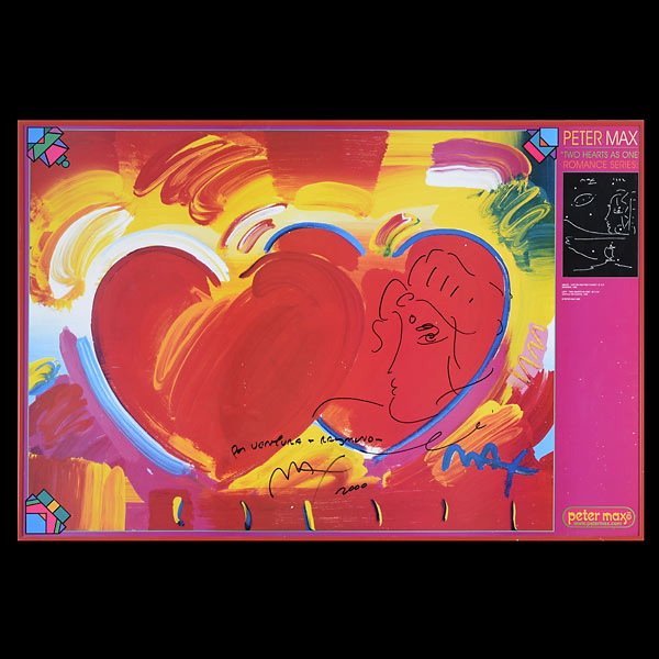 PETER MAX "Two Hearts as One" : PETER MAX (American/German b.1937) "Two Hearts as One" Offset lithograph with Ink sketch of a woman. 24 x 36 inches/ 61 x 91.5 centimeters. Dedicated, signed & dated "For Ventura & Raymond, Max, 2000"