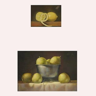 ANTON VAN DALEN "Lemons" & "Bowl of Pears": ANTON VAN DALEN (Danish b.1938) Two works: "Lemons" & "Bowl of Pears" Oil on board. Pears, sight: 10.4 x 15.4 inches/ 26.4 x 39.1 centimeters. Lemons, sight: 5.75 x 8 inches/ 14.6 x 20.3 centimeters.