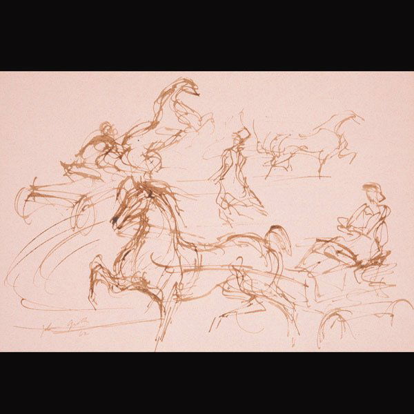 JOHN GROTH "Horses Show" Ink: JOHN AUGUST GROTH (American 1908-1988) "Horses Show, 1962" Ink wash on paper. Sight: 12.25 x 17.75 inches/ 31.1 x 45.1 centimeters. Signed and dated lower left "John Groth '62" Verso: Janet Nessler Ga
