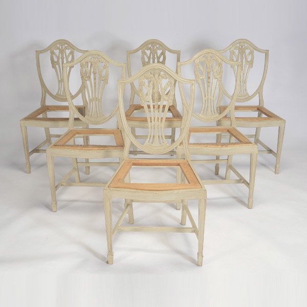 Six Sheraton Style Ivory Painted Dining Chairs,: Six Sheraton Style Ivory Painted Dining Chairs, lacking seats {Dimensions 38 1/2 x 20 x 17 1/2 inches}