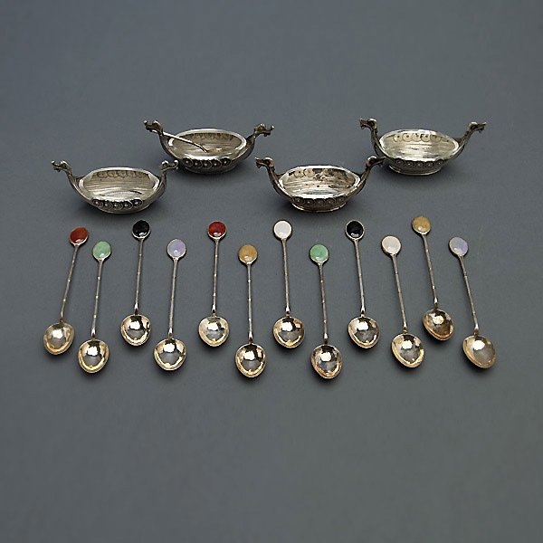 Four Scandinavian Silver Boat Form Salts, etc.: Four Scandinavian 830S Silver Boat Form Salts; together with set of twelve Asian stone inlaid demitasse spoons; and a Norwegian enameled sterling salt spoon (17) {Length of spoons 4 inches}